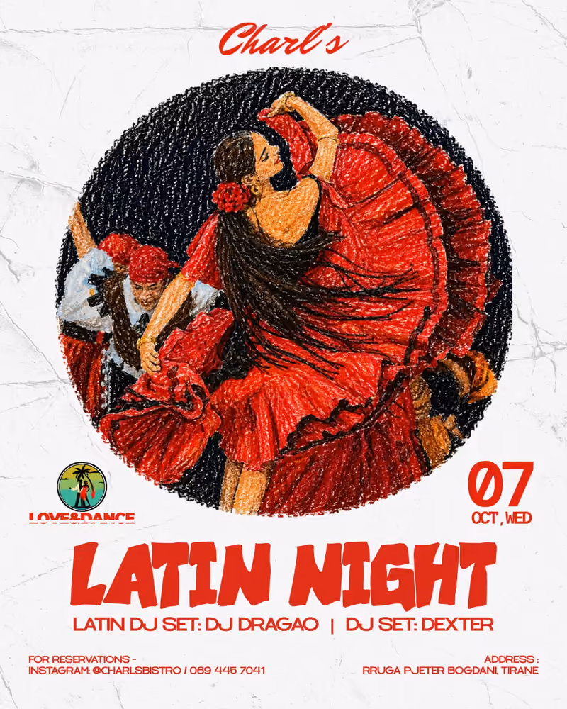 Latin Night flyer — Charl's Bistro, Tirana
