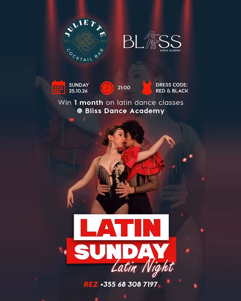 Latin Sunday flyer — Juliette Cocktail Bar, Tirana