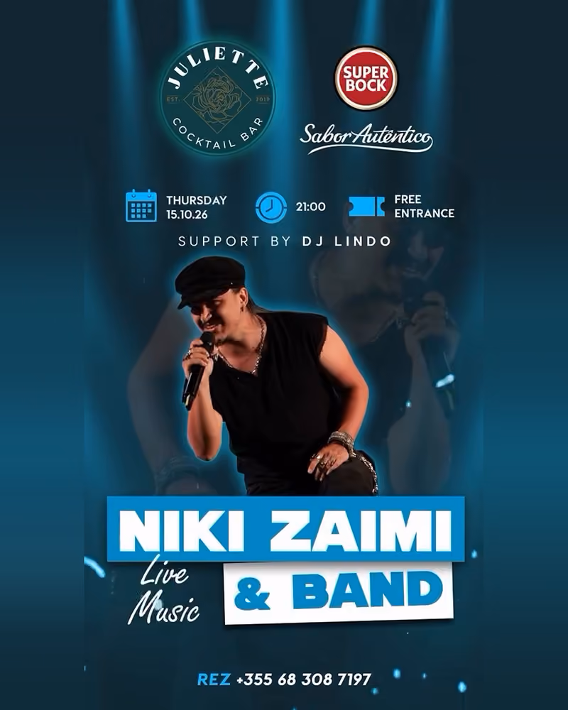 Niki Zaimi & Band flyer — Juliette Cocktail Bar, Tirana