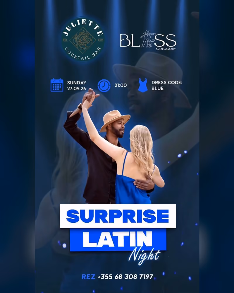 Surprise Latin Night flyer — Juliette Cocktail Bar, Tirana