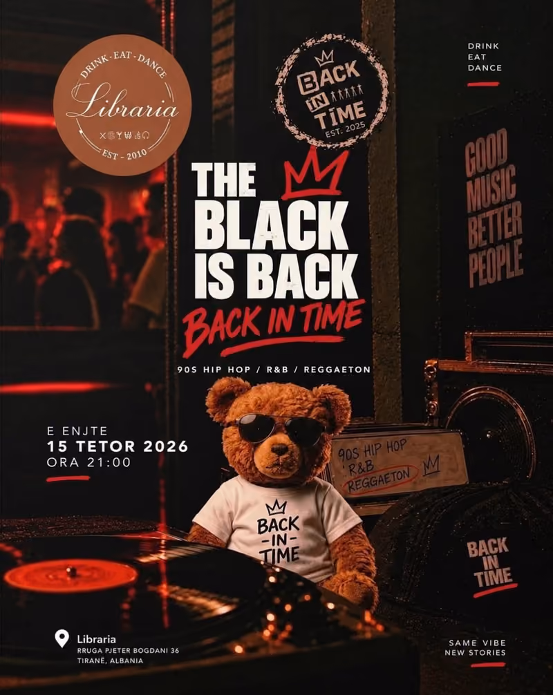 The Black Is Back flyer — Libraria Bar, Tirana